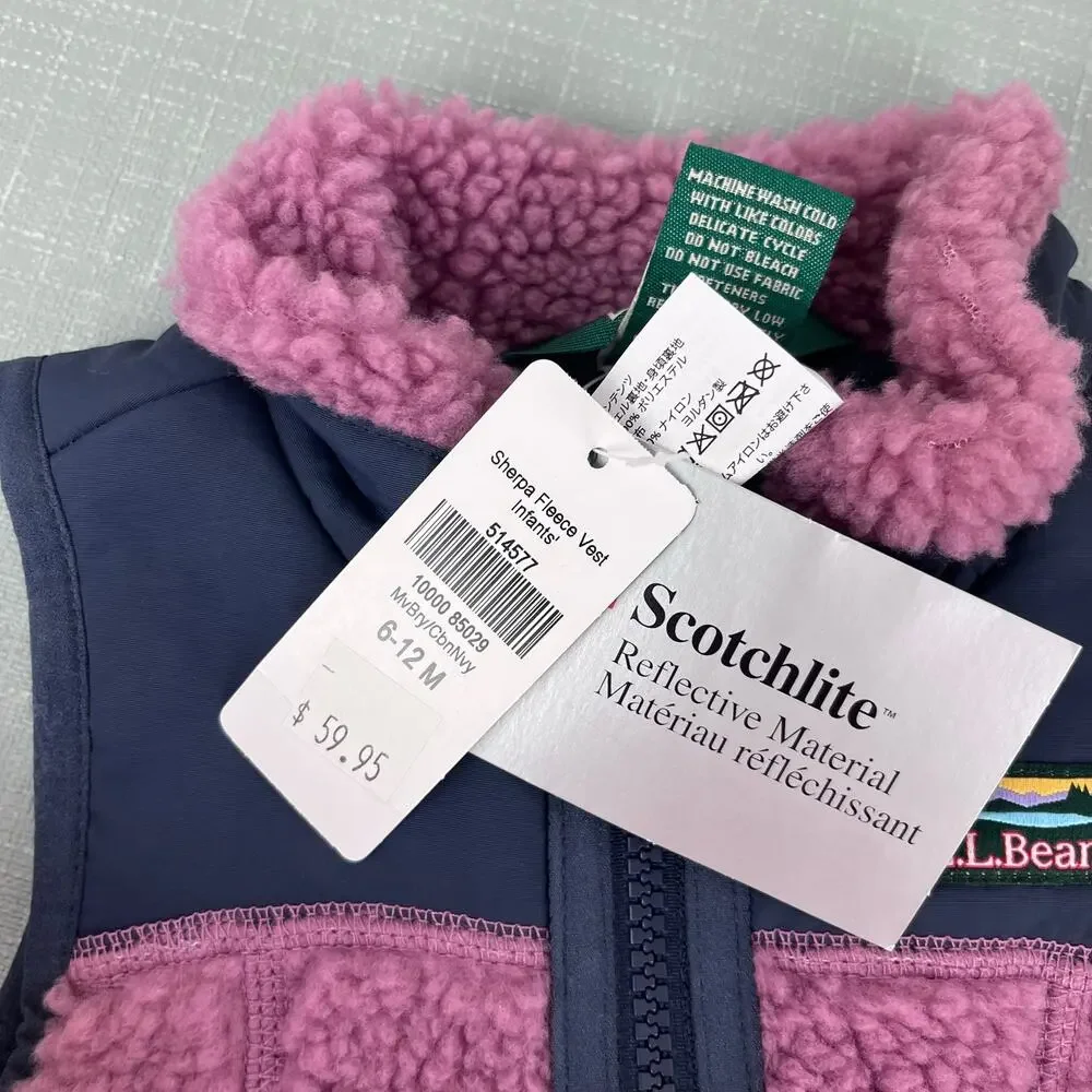 L.L. Bean Infants' Sherpa Fleece Vest Mauve Berry Carbon Navy 6-12 Months NWT